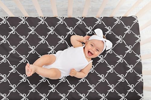 Image of Sweet Jojo Designs Fitted Baby Crib Sheets (Black and White Bows) for Girls, Infant Nursery, Toddler Room - Standard Size (White & Black Bow for Shabby, Ballet, Dancer, Ballerina Princess Collection)