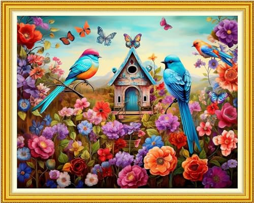 Image of DMCVIVR Stamped Cross Stitch Kits for Beginners Adults Needlepoint Kits for Beginners Embroidery Kits for Adults Crossstitch Kit for Beginners 11CT-Bird Home 16x20 inch, ArtKits31