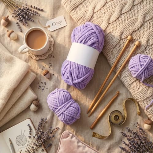 Image of Soft Chenille Yarn 100 gm Soft Velvet Wool Oon for Crochet Knitting DIY Craft Multipurpose Yarn Ball for Blanket Scarf Cushion Making (Purple) (Pastel Purple)