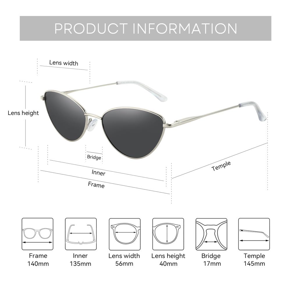 Damen-Sonnenbrille, Vintage-Stil, klein, Katzenauge, schmaler Metallrahmen, polarisierte Sonnenbrille, UV400-Schutz für Frauen