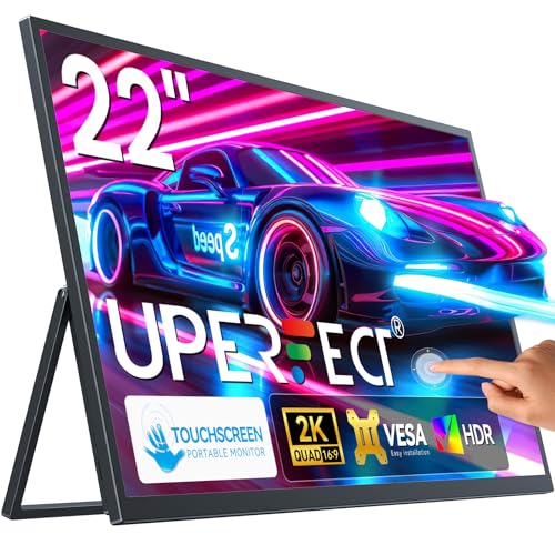 UPERFECT 22 Zoll 2K QLED Touchscreen Portable Monitor mit 2560x1440 QHD Bildschirm 180° Verstellbarem Ständer USB-C Mini HDMI Doppellautsprecher für Laptop PC PS4/5 Switch/Xbo, VESA-kompatibel