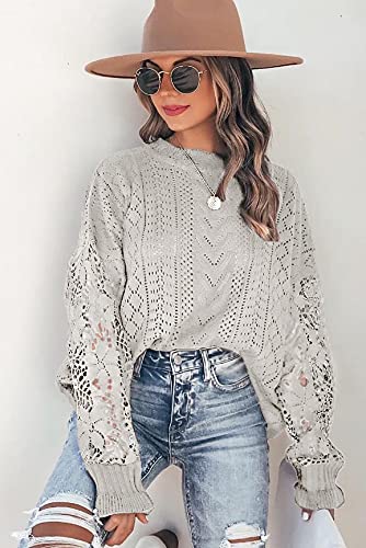 Women's Crochet Sweaters Lace Long Sleeve Crewneck Hollow Out Cable Knit Pullover Jumper Tops3