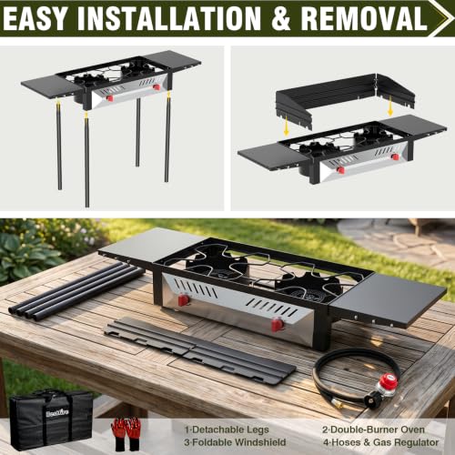 Image of BESTFIRE 150000 BTU Dual Burner Camping Stove Portable Propane Wind Guard | Comes With Carrying Bag, Gloves & Gas Hose, Perfect For Camping, Backyard Bbq, Tailgating And Outdoor Picnic Cooking