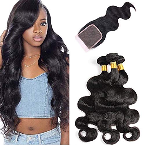 Fancy Hair Brazilian Body Wave with Free Part Closure 3 Bundles 100% Unprocessed Human Hair Weave with Lace Closure Natural Color (14 16 18 with Free Part Closure 12)
