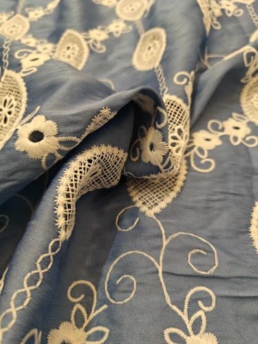 Tissu denim 100% coton de haute qualité brodé de fleurs blanches élégantes - 4