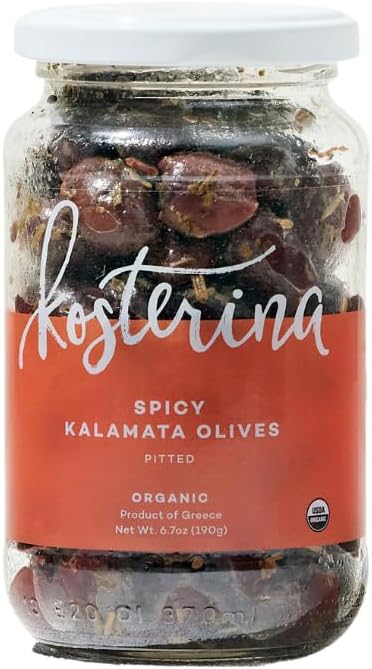 KosterinaOrganic Spicy Kalamata Olives, Pitted & Dry-packed – Great for Salads, Garnishing Cocktails and Snacking | 6.7oz (190g)