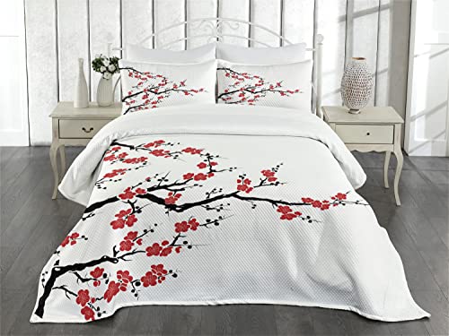 Lunarable Japanese Bedspread, Simplistic Cherry Blossom Tree Botanic Themed Pattern Fresh Organic Lines, Decorative Quilted 3 Piece Coverlet Set With 2 Pillow Shams, Queen Size, Cinnamon Red #TOP1