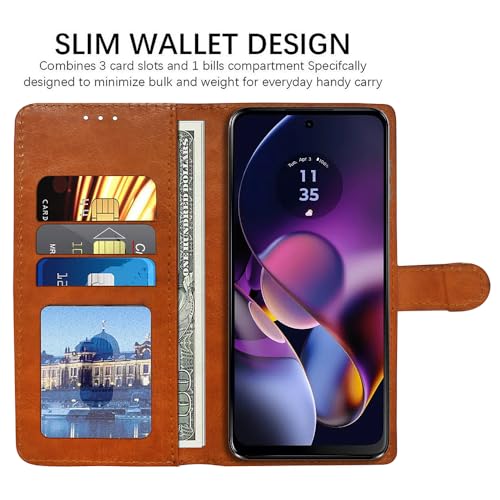 Image of Amazon Brand - Solimo Flip Leather Mobile Cover (Soft & Flexible Back case) for Motorola Moto G54 5G / G54 Power 5G / G64 5G (Camel and Black)