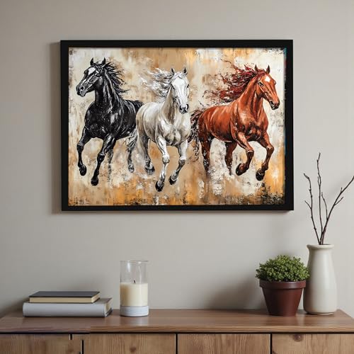 Image of 3 Running Horses Vastu Framed Wall Art Painting For Living Room|Three Horse Painting With Frame for Home & Office Decor, 17x23 Inch