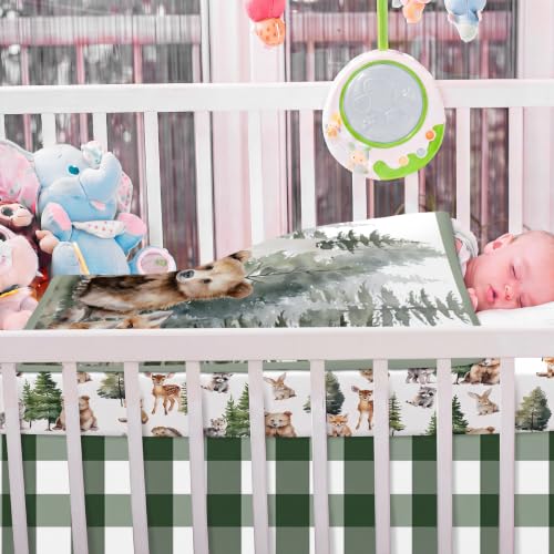 Image of Hahafelt 3 Pcs Woodland Animal Baby Crib Bedding Set for Boy | Includes Quilt, Fitted Sheet, Skirt, Soft Green Forest Bear Deer Nursery Bedding for Standard Infant Toddler Bed
