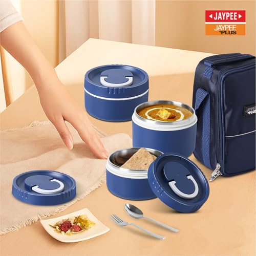 Image of Jaypee Plus Snackpac Airtight Leakproof Container 1300 ml Lunch Box with Bag for School, Office, Ideal for Snacks and Meal, Keeps Food Hot & Fresh Inner Stainless Steel Easy to Carry Handle, Blue