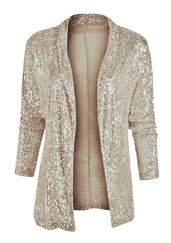 Women Solid Color Long Sleeve Coat Lapel Collar Sequin Shiny Blazer Open Front Casual Slim Jackets