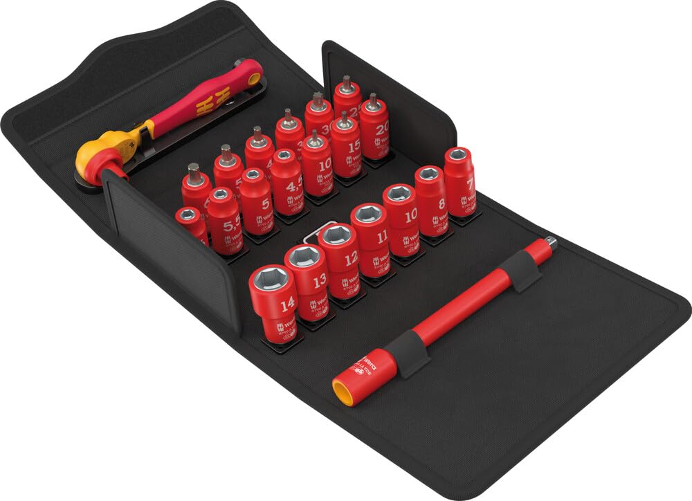 Wera Multicolor 8100 Sa Vde 1 Zyklop Ratchet Set, Insulated, Reversing Lever, 1/4" Drive, Metric, 22 Pieces