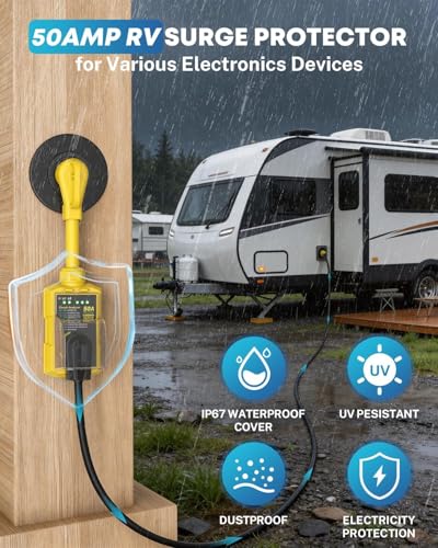 Image of Kohree RV Surge Protector 50 Amp, Power Surge Voltage Protection 14000J | RV Adapter Plug, Waterproof Cover, LED Circuit Analyzer, RV Camping Accessories for Camper Travel Trailers , 50A Yellow