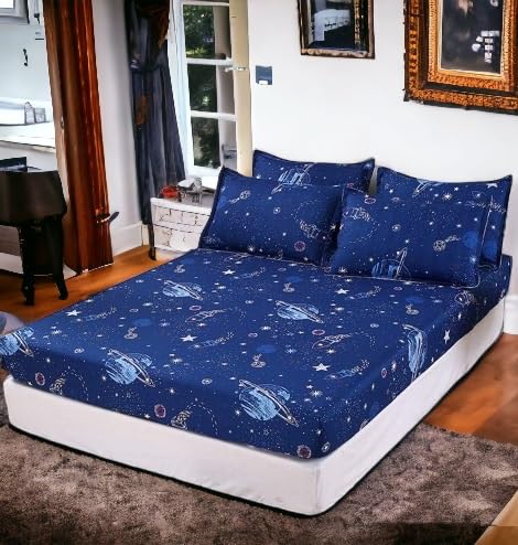 Chickwim Nordik Single bed Cotton Fitted Sheet (Cosmic rocket design) (single bed sheet for kids, Students, Girls Bedroom and Boys bedroom)1 Fitted Sheets (90x200) up to 30cm Deep 1 Pillowcover(50x75)
