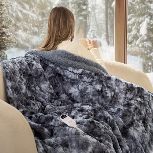 Bedsure Faux Fur Heated Blanket Throw Blanket, Fast Heating Electric Blanket with 6 Heating Levels & 4 Time Settings, Cozy Gifts for Women Men (50x60 inches, Grey)