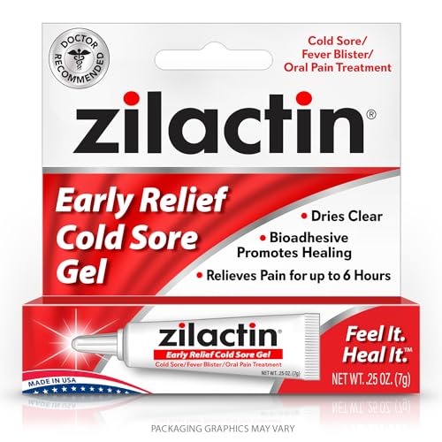 Zilactin Early Relief Cold Sore Treatment - Fast Relief of Cold Sores and Fever Blisters Made in USA 0.25oz Gel Pack of 1