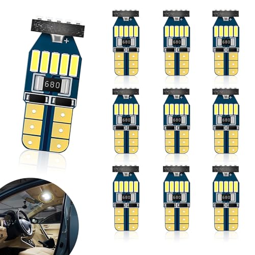 Yumfugu Pack-10 T10 LED Bulbs, 6000K Super Bright W5W 4014 15SMD Chipsets LED Bulb, Error Free LED Replacement Bulbs, for Car Dome Map Door Courtesy License Plate Lights (White)