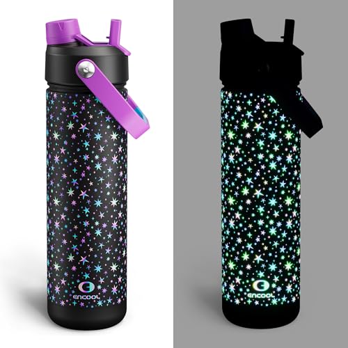 Image of ENCOOL Insulated Water Bottle with Straw Stainless Steel Water Bottle, Glow in the Dark, Leak-Proof, BPA-Free, Keeps Cold for 24 Hours for Sports, Travel, School (26 oz, Neon Starlight)