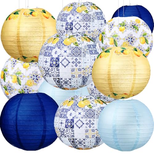 Retisee 12 Pcs 10'' Capri Lemon Pattern Paper Lantern Party Supplies for Bridal Shower Wedding Amalfi Coast Blue Yellow Tiles Mediterranean Party Paper Lantern Hanging Decor for Lemon Birthday