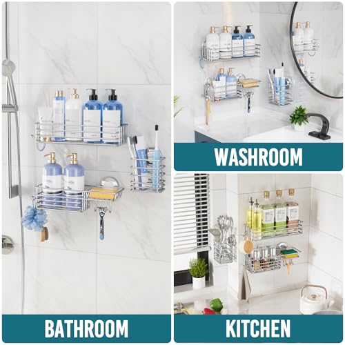 Image of TAILI Shower Caddy Suction Cup, 3 Pack Shelves for Inside with Hooks | Rustproof Silver Storage, Soap Holder, Toothbrush Cups, Removable Bathroom Organizer