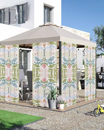 Sabolny Boho Green Flower Outdoor Curtains for Patio Waterproof,Botanical Watercolor Leaf Floral Patio Porch Outside Grommet Curtains for Cabana Pergola Privacy & Blocking Sunlight,2 Panel 54