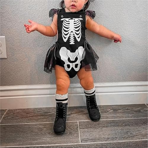 Newborn Baby Girl Halloween Clothes Skeleton Skull Romper Ruffle Sleeve Backless Tulle Dress Jumpsuit Halloween Outfit3