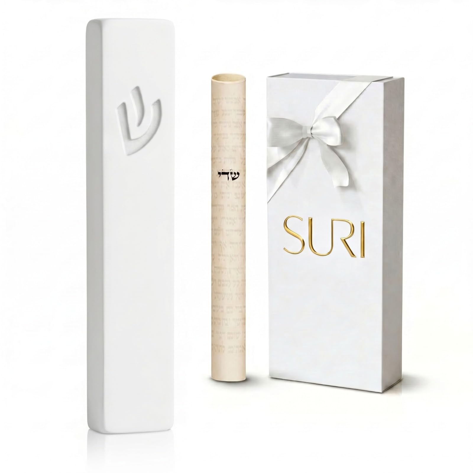 SURI Mezuzah for Door – 6 Inch White Concrete Mezuzah Case with Non Kosher Scroll, Self-Stick Jewish Entry Design, Fits a 5 Inch Scroll, Gift Box Included
