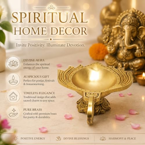 Image of SHANTI 100% Pure Brass Lotus Shape Akahnd Diya /Oil Lamp /Kamal Patta Deepak /Diya for Puja Room (LP3421)