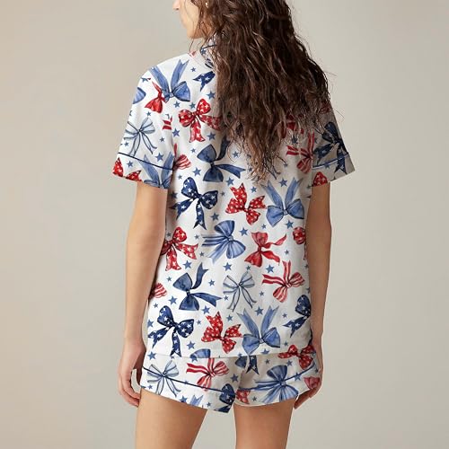 Image of Argeousgor Women 4th Of July Pajama Sets American Flag Short Sleeve Shirt and Shorts 2 Piece Independence Day Pajamas Set