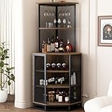IBF Corner Bar Cabinet for Liquor With Adjustable Shelf Storage, Industrial 5 Tier Liquor Cabinet for Home With Glass Holder, Metal Wine Cabinet, Rustic Oak, 71 Inch