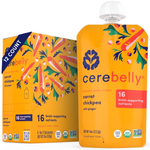 Image of Cerebelly Organic Baby Food Pouches – 6+ Months Organic Veggie Pouches | 16 Nutrients, No Added Sugar, Non-GMO | Toddler Pouches | 4 Ounce BPA-Free Baby Pouches | Carrot Chickpea | 12 Count
