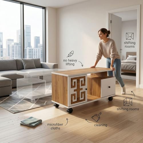 Image of FFO Coffee-Table with Storage | Center Table with Storage & Drawer | 50W X 90L X 45H Coffee Table with Open Shelf, Drawers & Cabinet | Center Table with Wheels |
