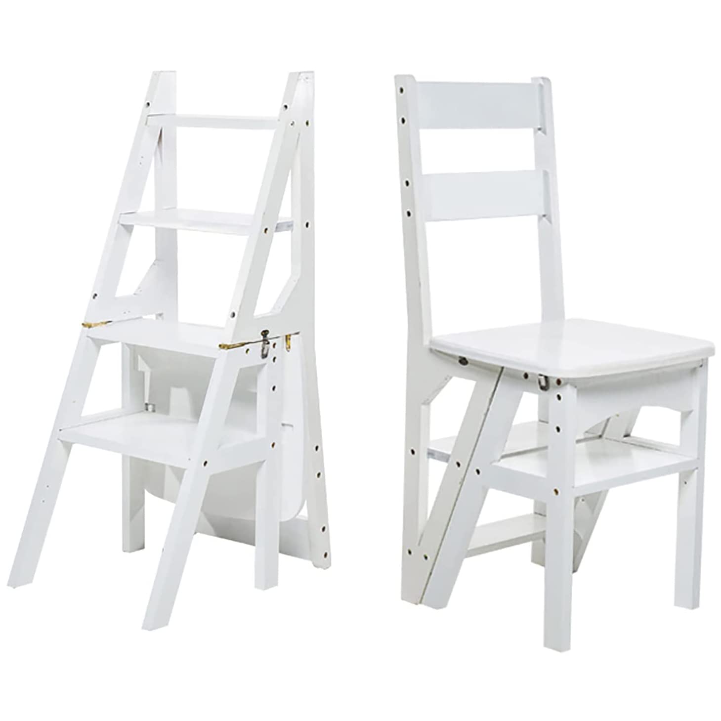 Wooden Folding Library Ladder Chair,Step Ladders,Foldable Chair Counter Chair Step Stool for Adults,2 in 1 Ladder Chair Storage Shelf for Indoor(White)