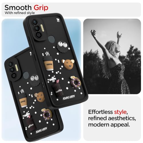 Image of Bintage Cute Fun Taddy Cartoon 3D Ball Bear Milk Cake Coffee Silicon Case Full Body & Camera Protection Back Cover Compatible for Tecno Spark 7T - Black