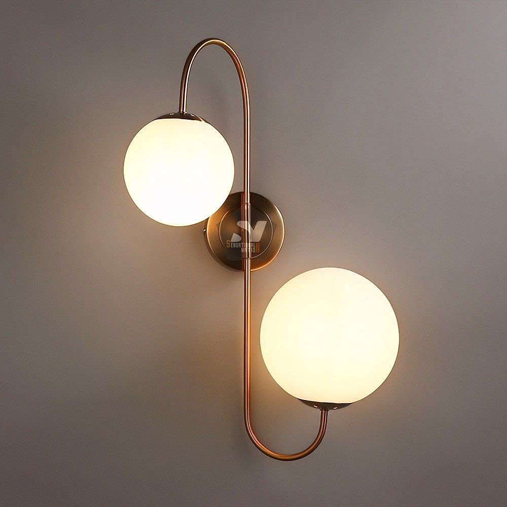 Sensational Nation 100 Watts Frosted Glass 2 Globe S Shape Brass Antique Sconces E27 Holder LED Decorative Wall Lamp Bulb not Included (Yellow)