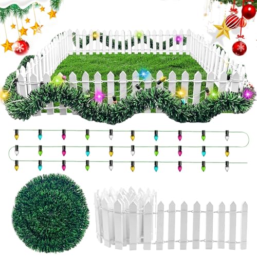 Wichtel zubehör Weihnachten,Miniatur Zaun Gartenzaun Holz,90 x 5cm Fairy Garden Holzzaun,mit Deko Lichterkette 100cm,200cm Fairy Lights LED,Puppenhaus zubehör,wichtel zubehör Weihnachten(Bunt)