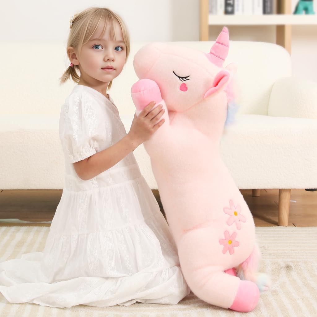 Dalmao Peluche licorne géante de 80 cm, oreiller câlin licorne rose, coussin lombaire, coussin de corps pour enfants, garçons et filles, anniversaires, Pâques