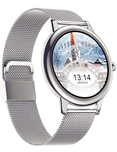 Timesbird Fashion Silvery Smart Watch for Ladies Android Phones Girls 2021 Full Touch Screen DIY Watch Blood Pressure Monitor Thin Stainless Steel Mesh Bracelet Strap