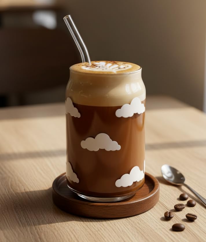 Image of THE UMBRELLA STORE Glass Tumbler Bamboo Lid and Straw, Coffee Tumbler, Reusable Glass (Cloud)