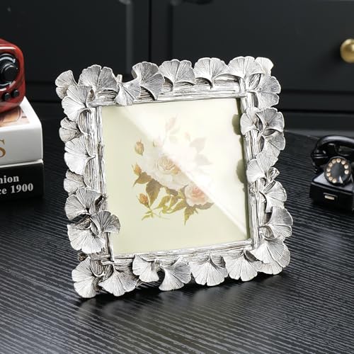 Vintage Silver 5x5 Picture Frame, Silver Frames Ornate Leaf Textured Hand-Crafted Resin with Glass Front, Antique Photo Frame for Tabletop Display, Retro Home Decor