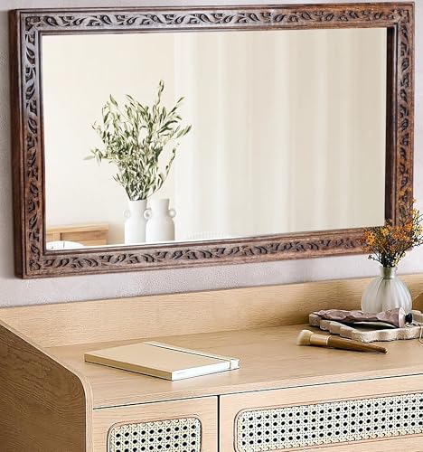 Image of Wooden Bathroom Wall Mirror 30 inchx18 inch - Solid Wood Frame, Burnt Brown | Vanity Mirror, Farmhouse Decorative Wall Mirror for Bathroom, Bedroom, Living Room & Entryway, Vertical /Horizontal Hanging