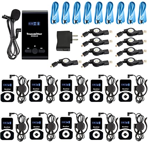 EXMAX EX-100 Wireless Tour Guide System Microphone Earphone Headset for Church Translation Simultaneous Interpreting Teaching Silent Live Conference Travel Interpretation(1 Transmitter 10 Receivers)