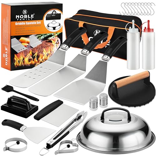 N NOBLE FAMILY 27 PCS Griddle Accessories Kit Flat Top Grill Accessories Set for Camping Professional Griddle Spatula Set with Melting Dome Burger Press for Outdoor BBQ Teppanyaki