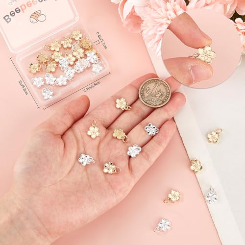 Beebeecraft 1 Box 40Pcs Flower Charm Plating Alloy 2 Colors Peach Blossom Dangle Charm Pendants with Jump Rings for DIY Jewellery Making (10.5x12x3.5mm) - Image 3