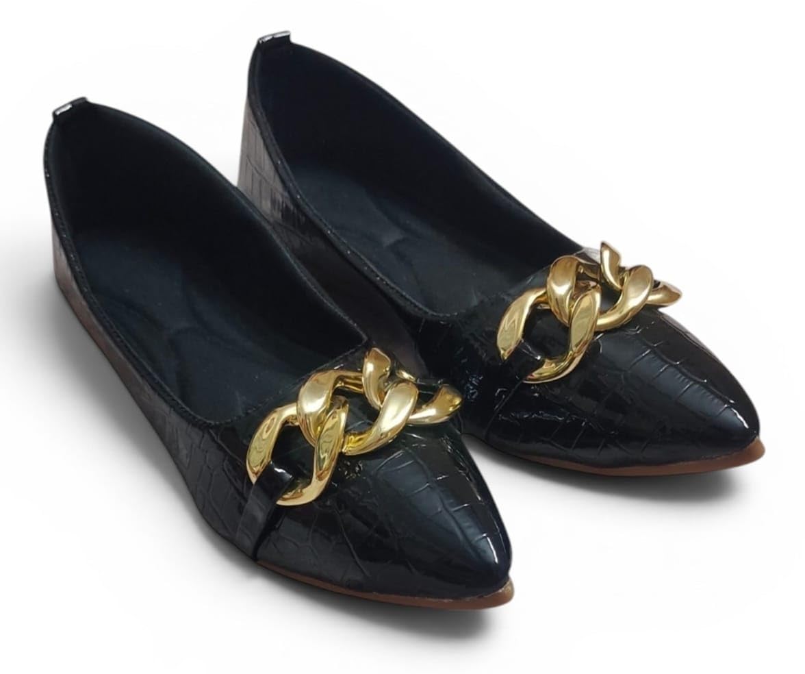 collard Women's Black Croc-Texture Pointed Toe Ballet Flats with Gold Chain (Black, Adult, Women, Medium,Size 4)-picture-39