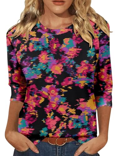 KISSMODA Tunic Tops for Women Loose Fit Dressy Round Neck Pleated 3/4 Length Sleeve Spring Tops