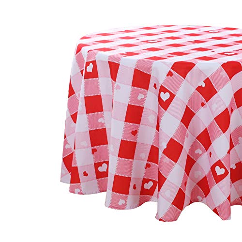 SARAFLORA Valentine\'s Day Checkered Fabric Round Table Cloth, Polyester Heart Pattern Tablecloth, Table Cover Protector for Holiday, Party, Wedding, Banquet Decoration Use, 60 Inch, Red & White