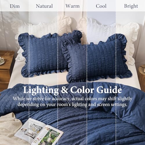 Image of JOLLYVOGUE Navy Blue Comforter Full Size, 3 Pieces Seersucker Lightweight Full Size Bedding, All Season Fluffy Microfiber Bedding Comforter Set with 1 Ruffle Comforter and 2 Ruffle Pillowshams