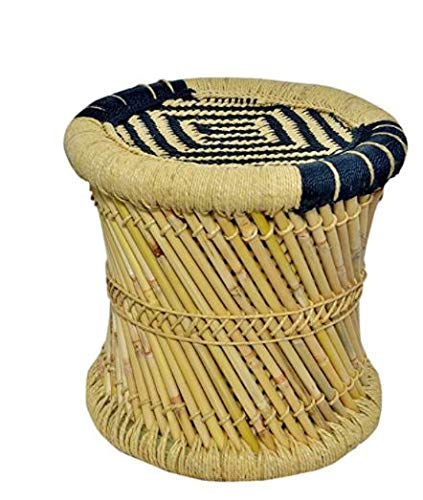 KAM Home Bamboo Stool Natural and Black Mudda/Ottoman/Stool/Pouffe